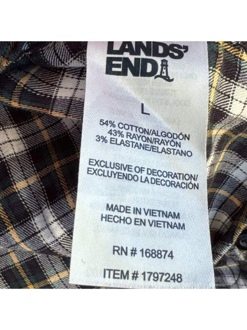 Lands End Mens Plaid Button-Up Shirt Black Yellow L Long Sleeve Cotton Blend - Picture 4 of 16